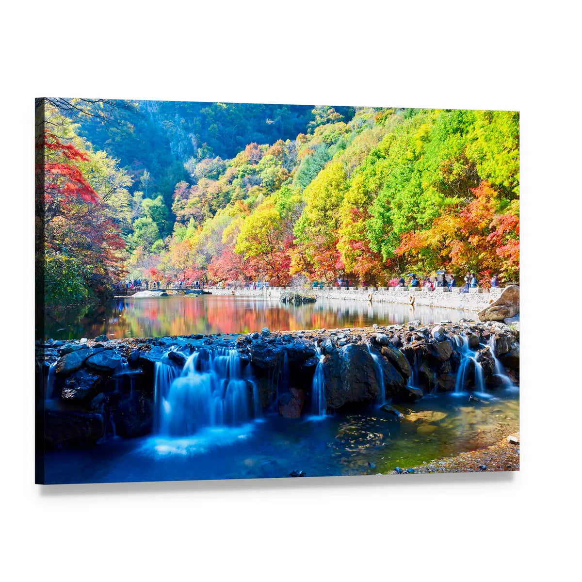 Waterfall in Autumn Valley Canvas Wall Art, single panel gallery wrapped canvas, angled product view