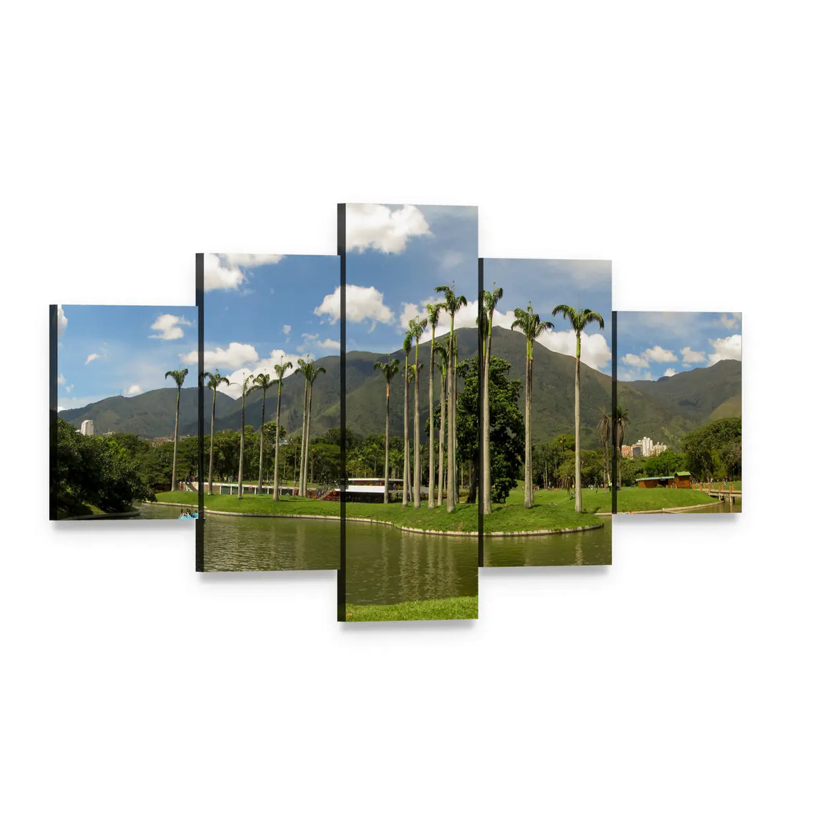 Palm-lined Mountain Lake with Two Boats Canvas Wall Art, 5 panel 5 Star layout gallery wrapped canvas set, angled product view