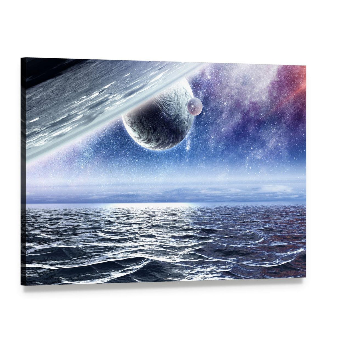 Blue Planet Over Rippling Ocean Canvas Wall Art, single panel gallery wrapped canvas, angled product view