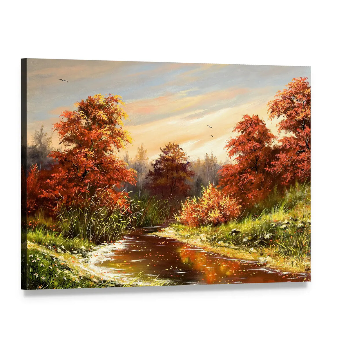 Autumn River at Golden Hour Canvas Wall Art, single panel gallery wrapped canvas, angled product view