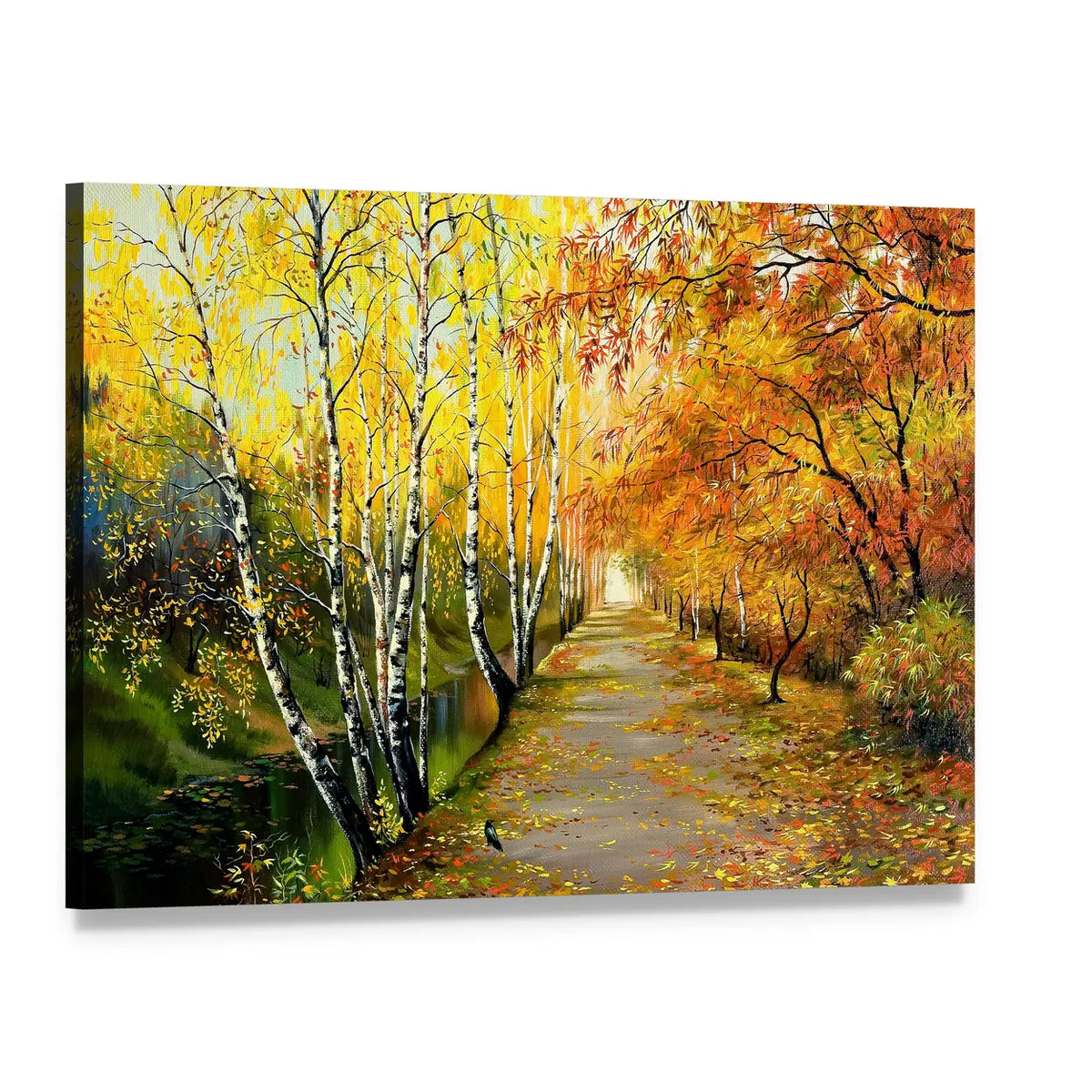 Autumn Path Along Birch-lined Channel Canvas Wall Art, single panel gallery wrapped canvas, angled product view