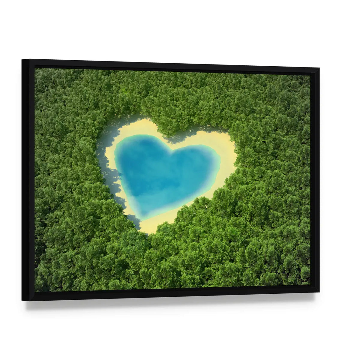 Heart Shaped Pond In A Tropical Forest Canvas Wall Art, framed canvas in a black floater frame, angled product view