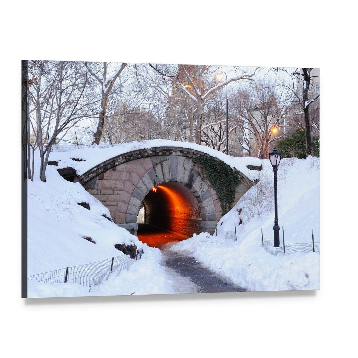 Winter Bridge in Manhattan's Central Park Canvas Wall Art, single panel gallery wrapped canvas, angled product view