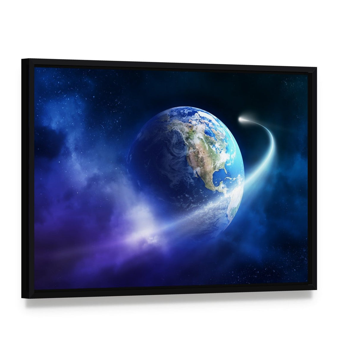 Comet Passing Earth Canvas Wall Art, framed canvas in a black floater frame, angled product view