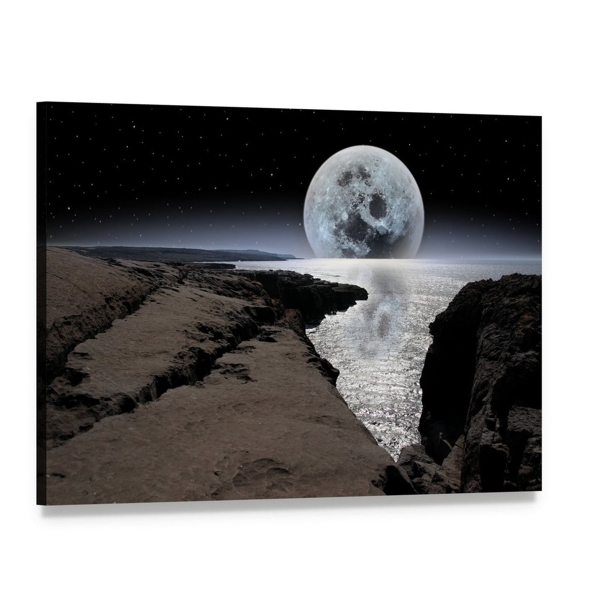 Coastline with Bright Moon Canvas Wall Art, single panel gallery wrapped canvas, angled product view