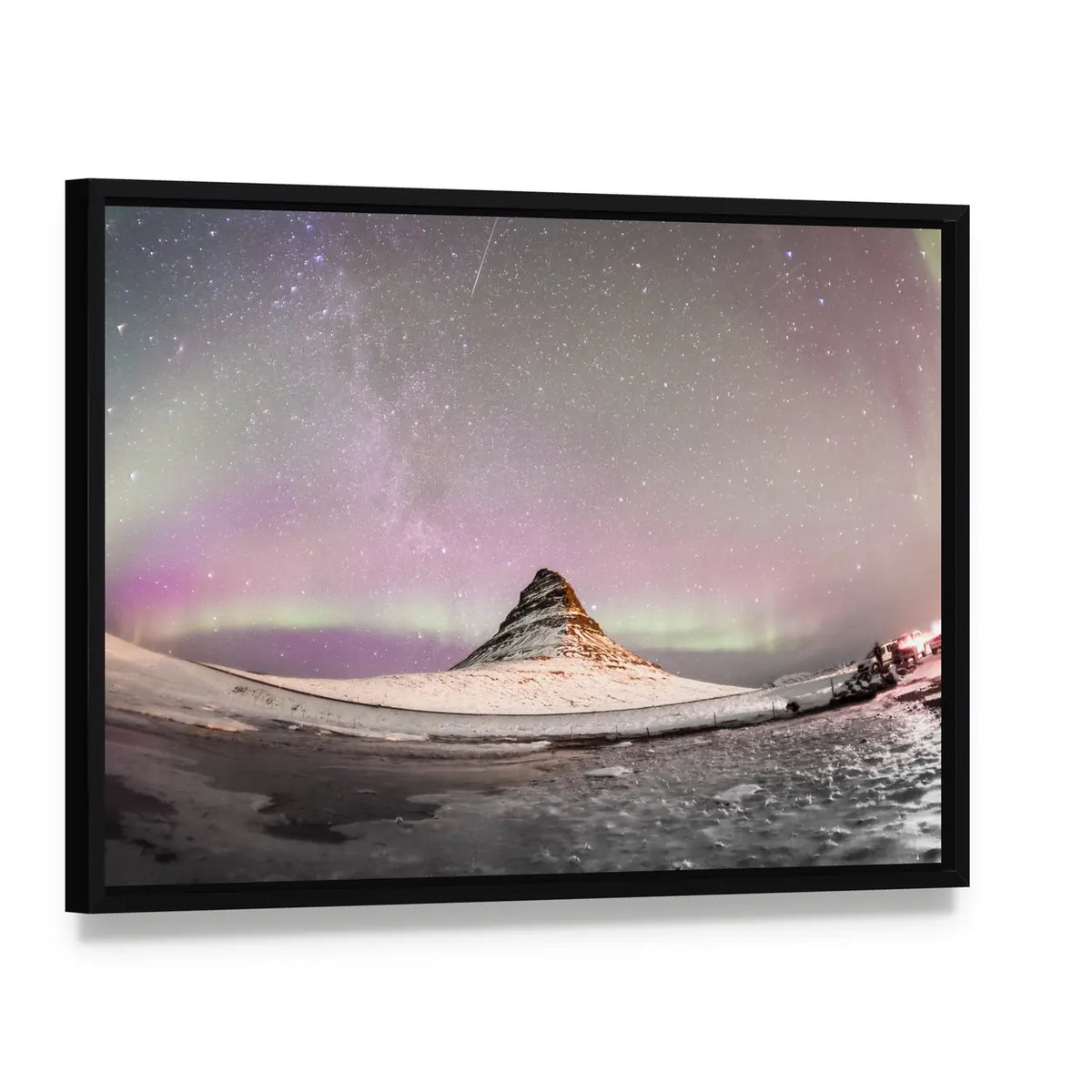 Aurora Borealis Over Kirkjufell Iceland Canvas Wall Art, framed canvas in a black floater frame, angled product view