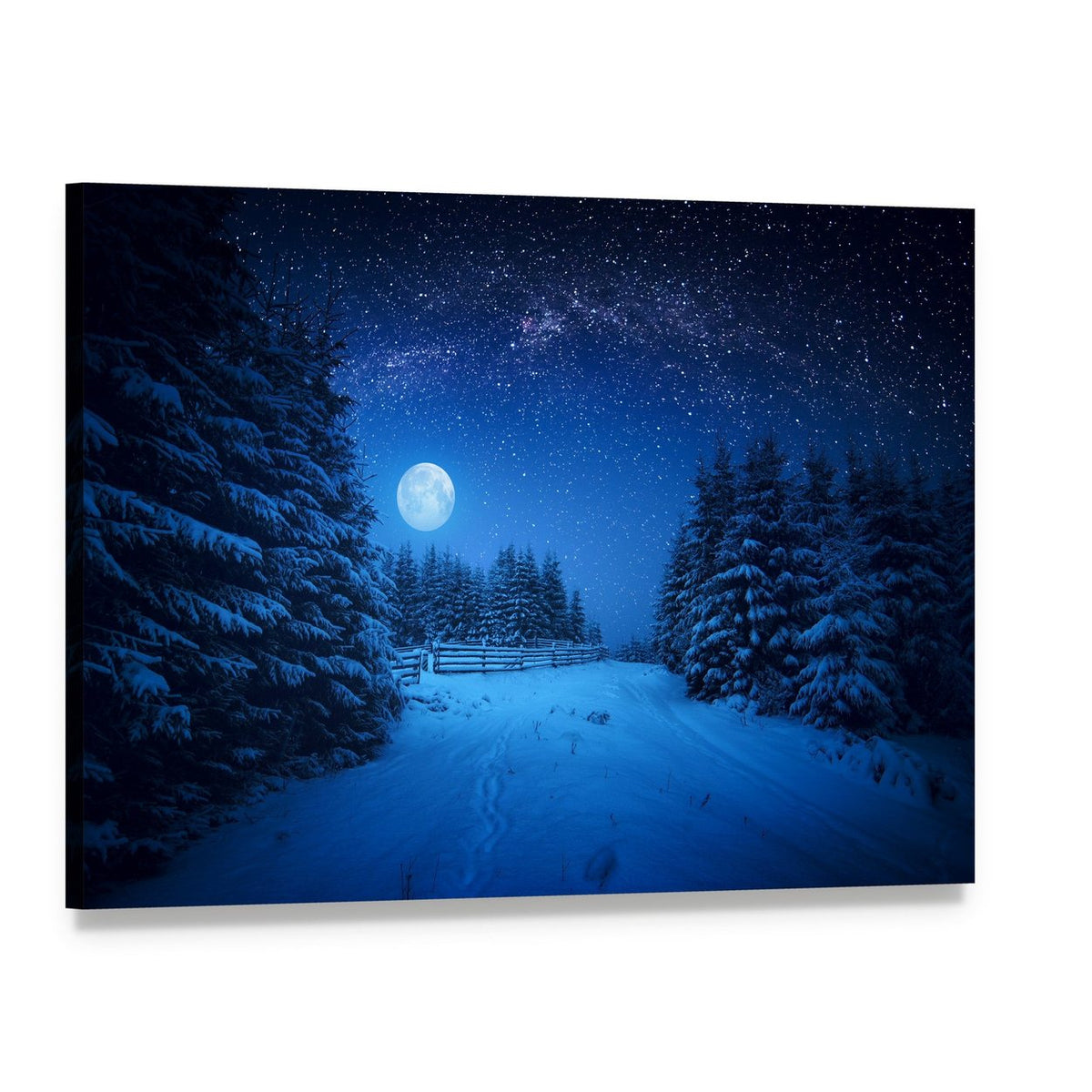 Moonlit Winter Path Under Starry Sky Canvas Wall Art, single panel gallery wrapped canvas, angled product view
