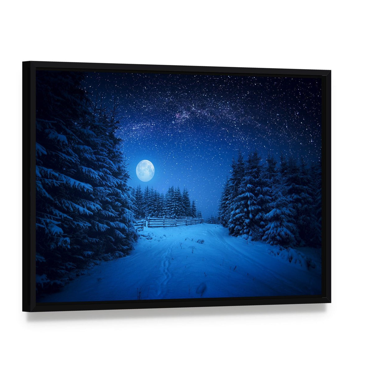 Moonlit Winter Path Under Starry Sky Canvas Wall Art, framed canvas in a black floater frame, angled product view