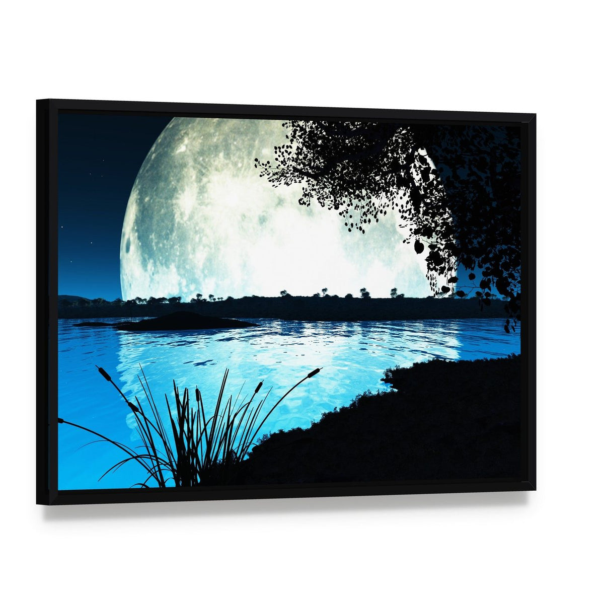Moonlit Lake Under Starry Night Canvas Wall Art, framed canvas in a black floater frame, angled product view