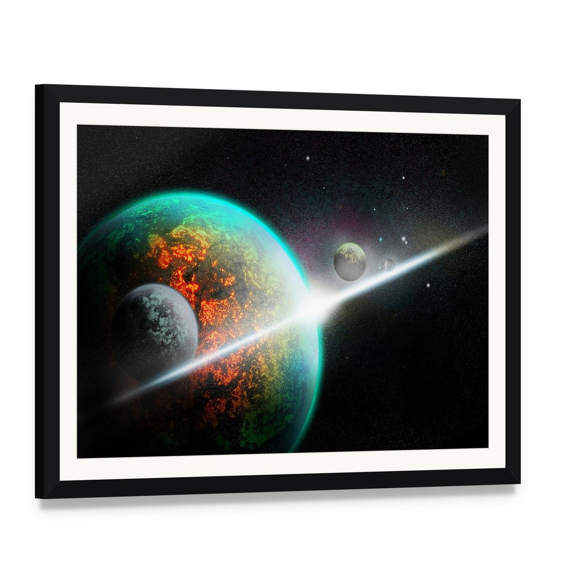 Alien Planet with Rings Canvas Wall Art, framed print with white mat and black frame, angled product view