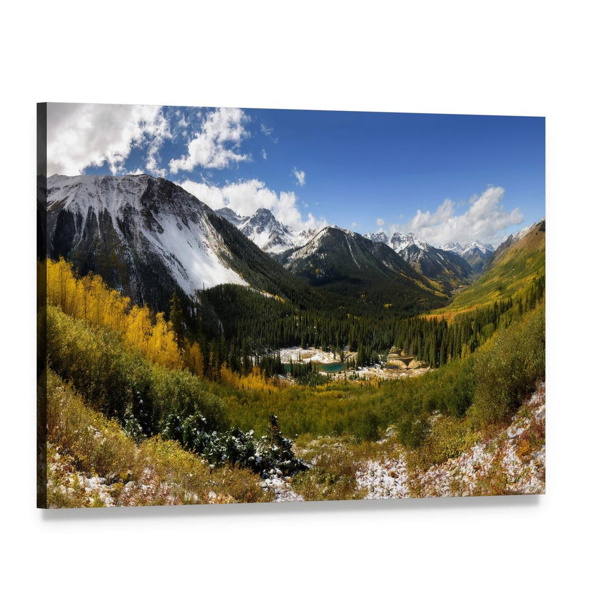 Ridgway Colorado Fall Foliage and Snow Peaks Canvas Wall Art, single panel gallery wrapped canvas, angled product view