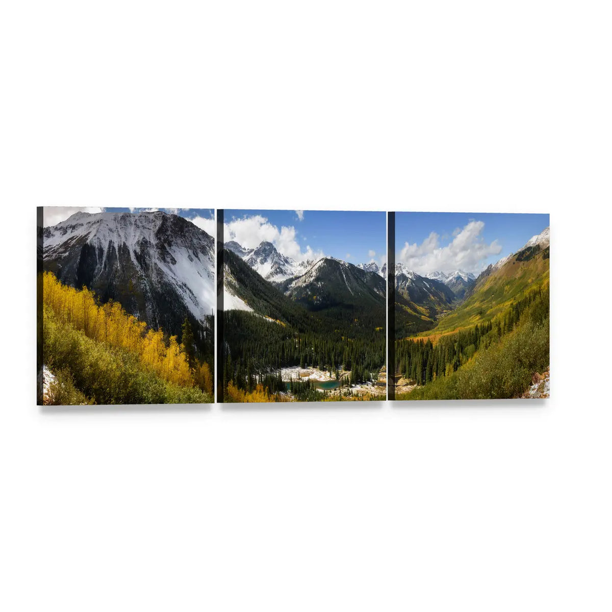 Golden Autumn Valley with Snow-capped Peaks Panoramic Canvas Wall Art, 3 panel 3 Piece layout gallery wrapped canvas set, angled product view