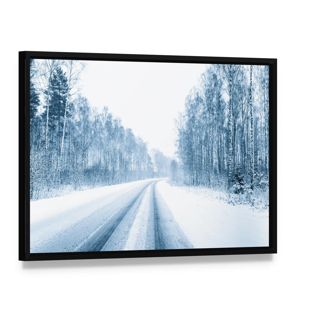 Snow Covered Open Road In Winter Canvas Wall Art, framed canvas in a black floater frame, angled product view