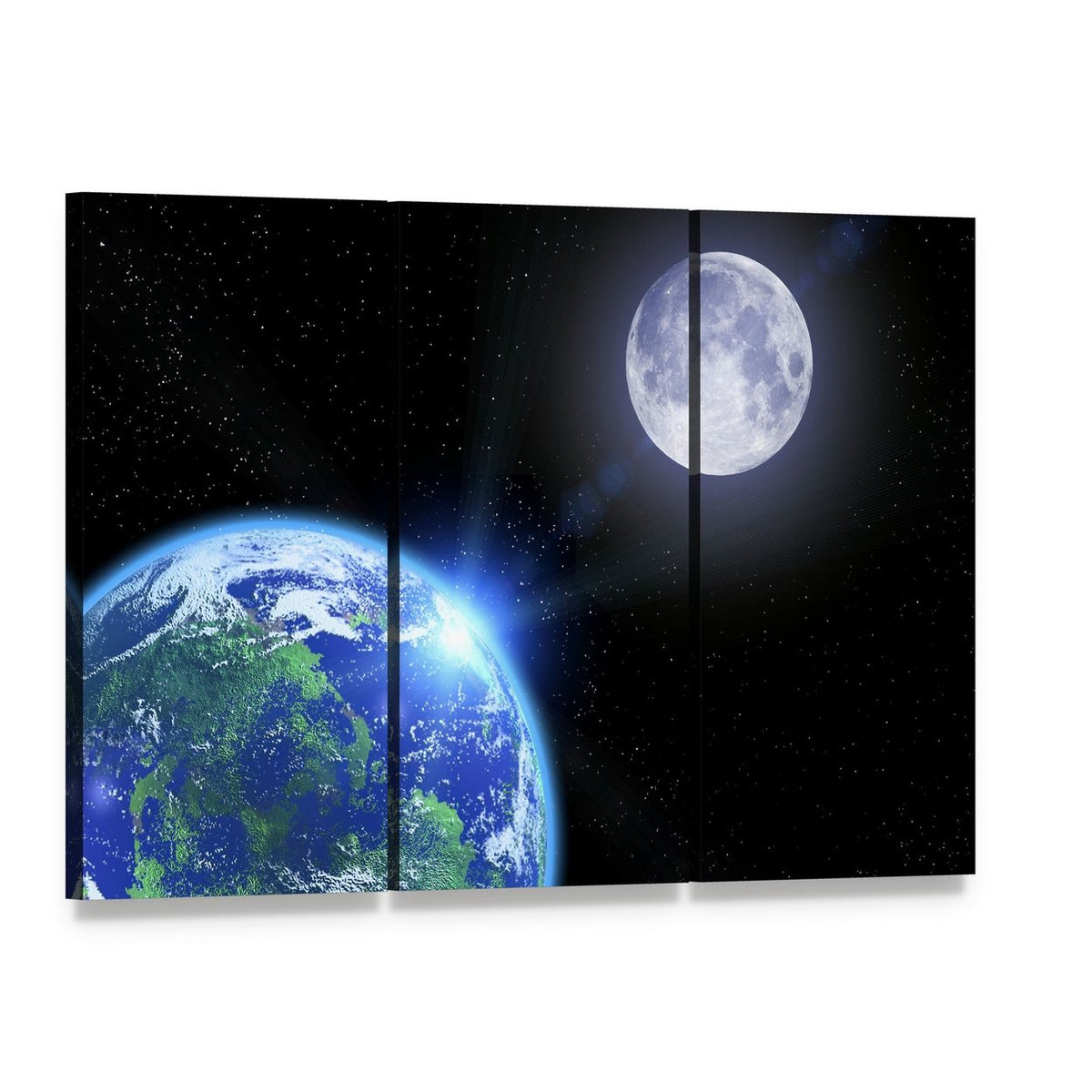 View of Moon and Earth Canvas Wall Art, 3 panel 3 Horizontal layout gallery wrapped canvas set, angled product view