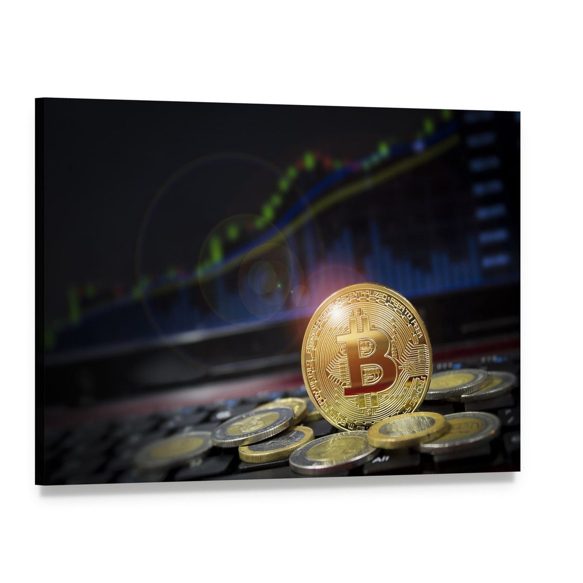 Golden Bitcoin Close-up with Blurred Financial Chart Canvas Wall Art, single panel gallery wrapped canvas, angled product view