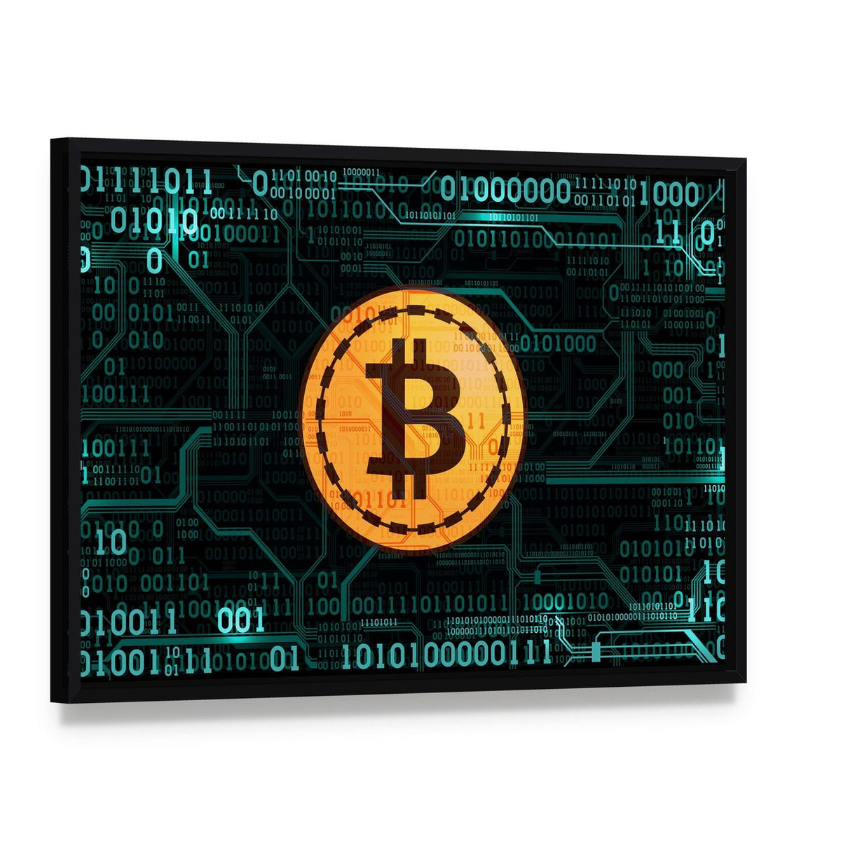 Bitcoin Symbol with Binary Code Canvas Wall Art, framed canvas in a black floater frame, angled product view