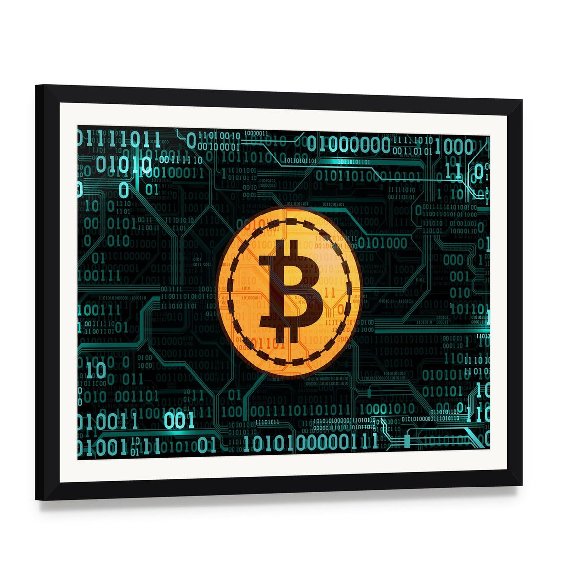 Bitcoin Symbol with Binary Code Canvas Wall Art, framed print with white mat and black frame, angled product view