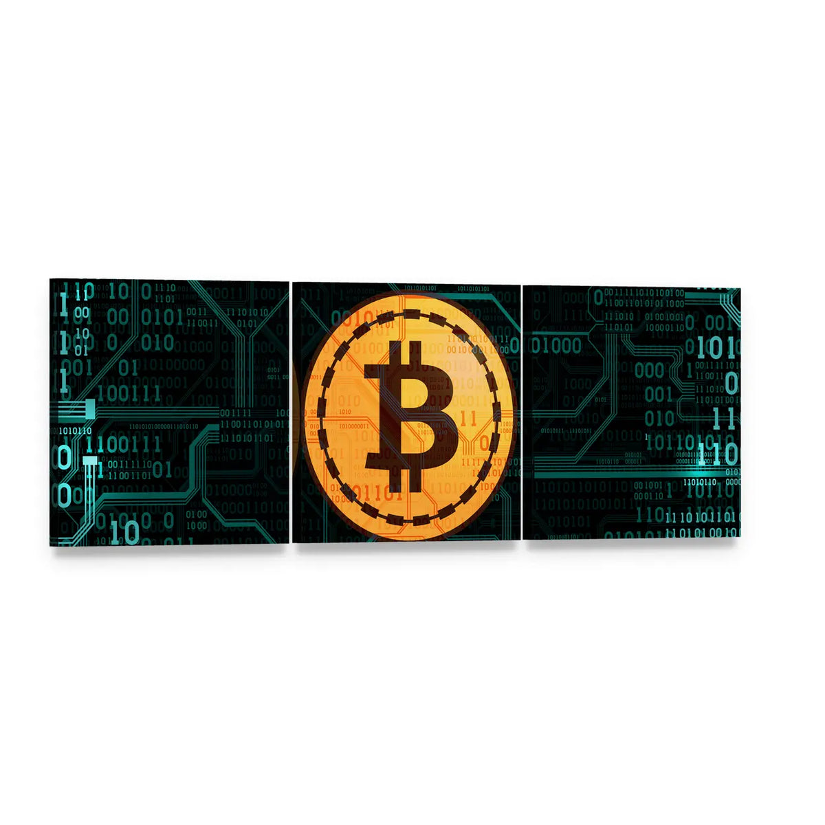 Golden Bitcoin with Binary Code Panoramic Canvas Wall Art, 3 panel 3 Piece layout gallery wrapped canvas set, angled product view