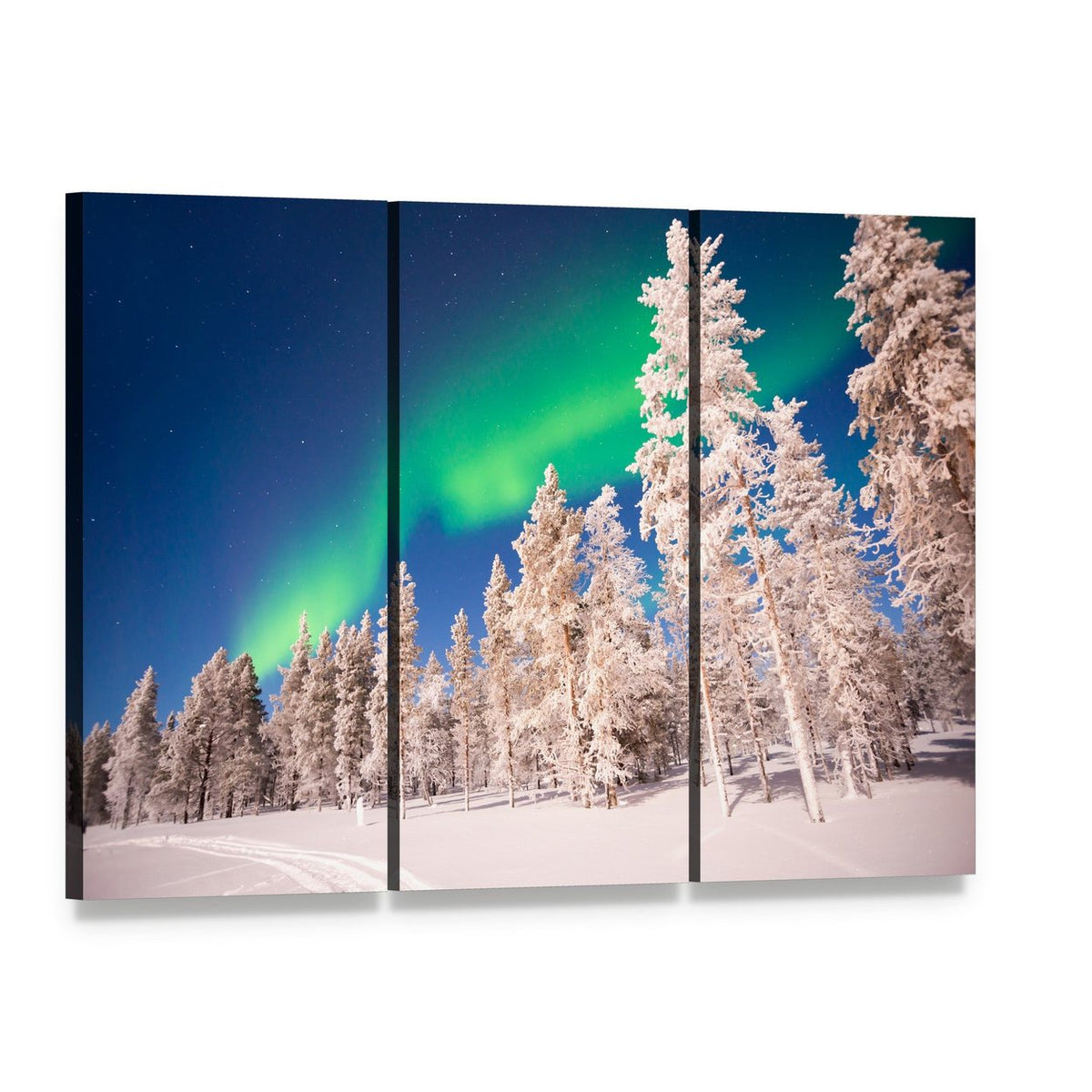 Aurora Borealis Over Lapland, Finland Canvas Wall Art, 3 panel 3 Horizontal layout gallery wrapped canvas set, angled product view