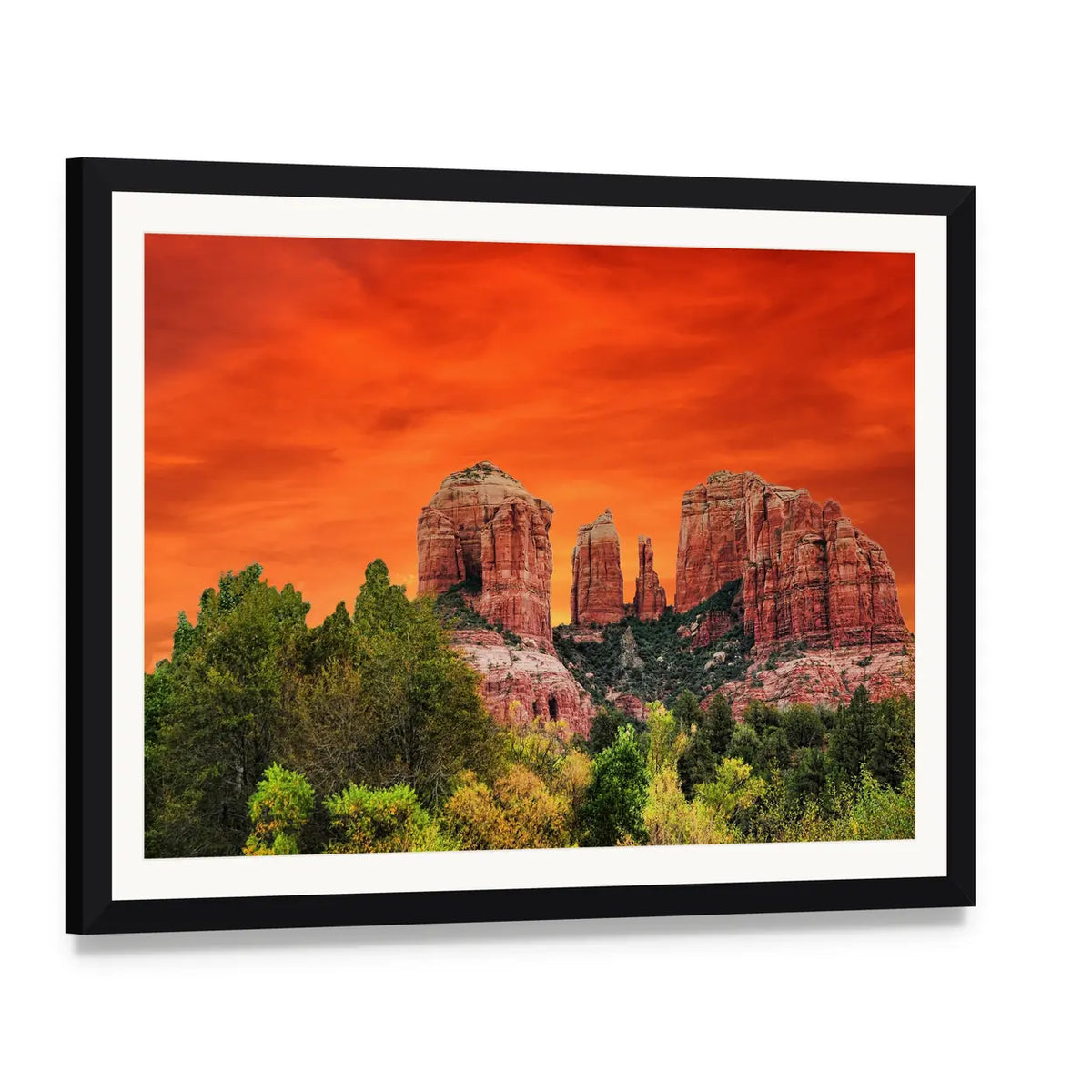 Sunrise Over Cathedral Rock, Sedona Canvas Wall Art, framed print with white mat and black frame, angled product view