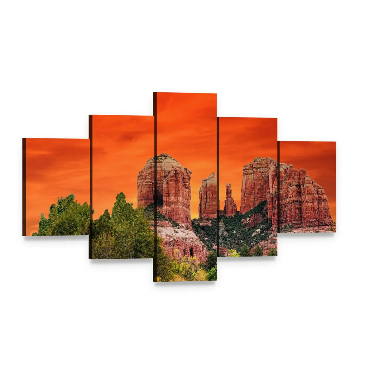 Sunrise Over Cathedral Rock, Sedona Canvas Wall Art, 5 panel 5 Star layout gallery wrapped canvas set, angled product view