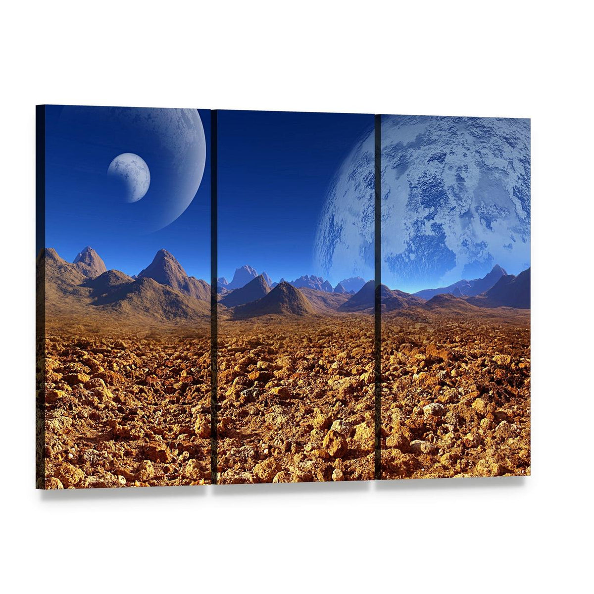 Alien Landscape with Twin Moons Canvas Wall Art, 3 panel 3 Horizontal layout gallery wrapped canvas set, angled product view