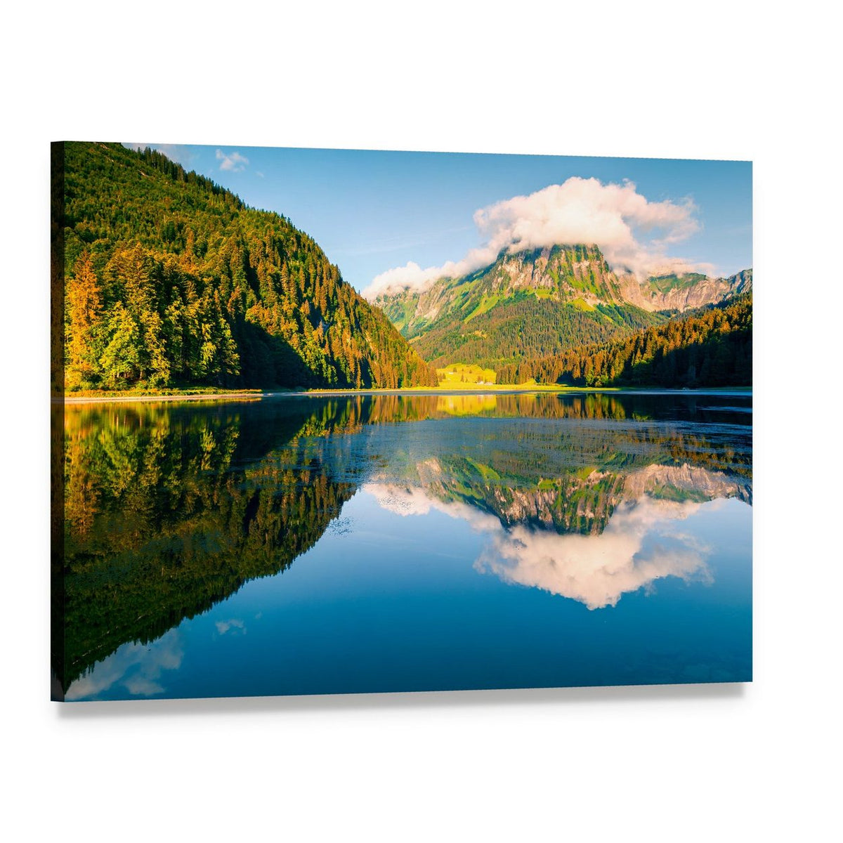 Summer Lake with Mountain Reflection Canvas Wall Art, single panel gallery wrapped canvas, angled product view