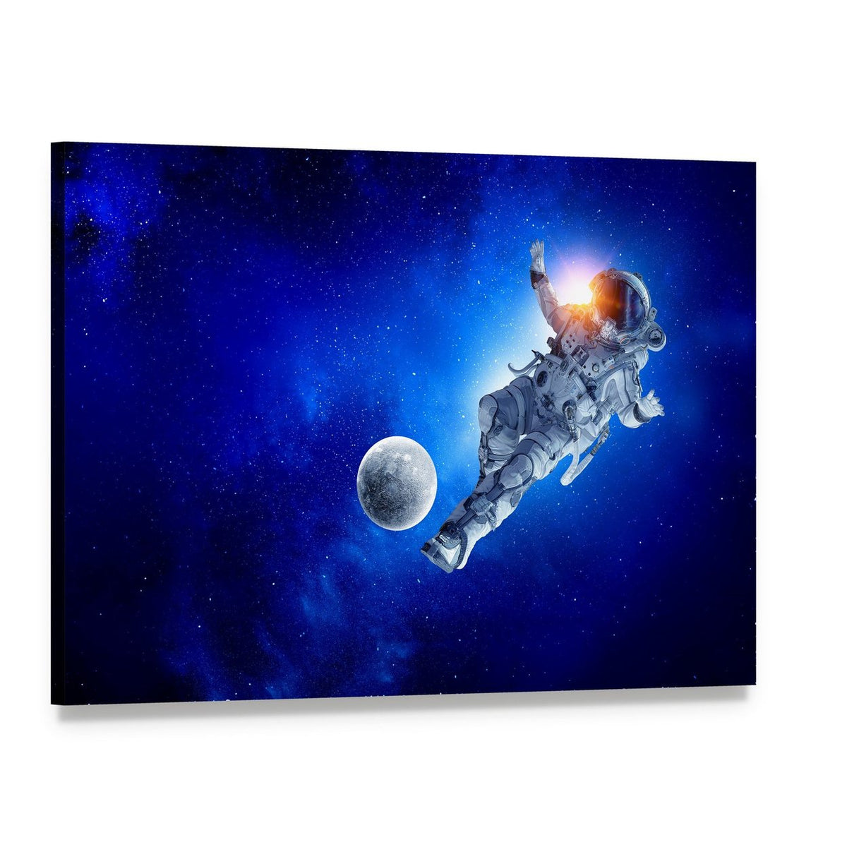Astronaut Kicking Glowing Ball Near Moon Canvas Wall Art, single panel gallery wrapped canvas, angled product view