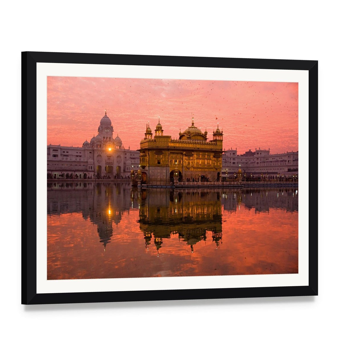 Golden Temple Reflection in Amritsar Canvas Wall Art, framed print with white mat and black frame, angled product view