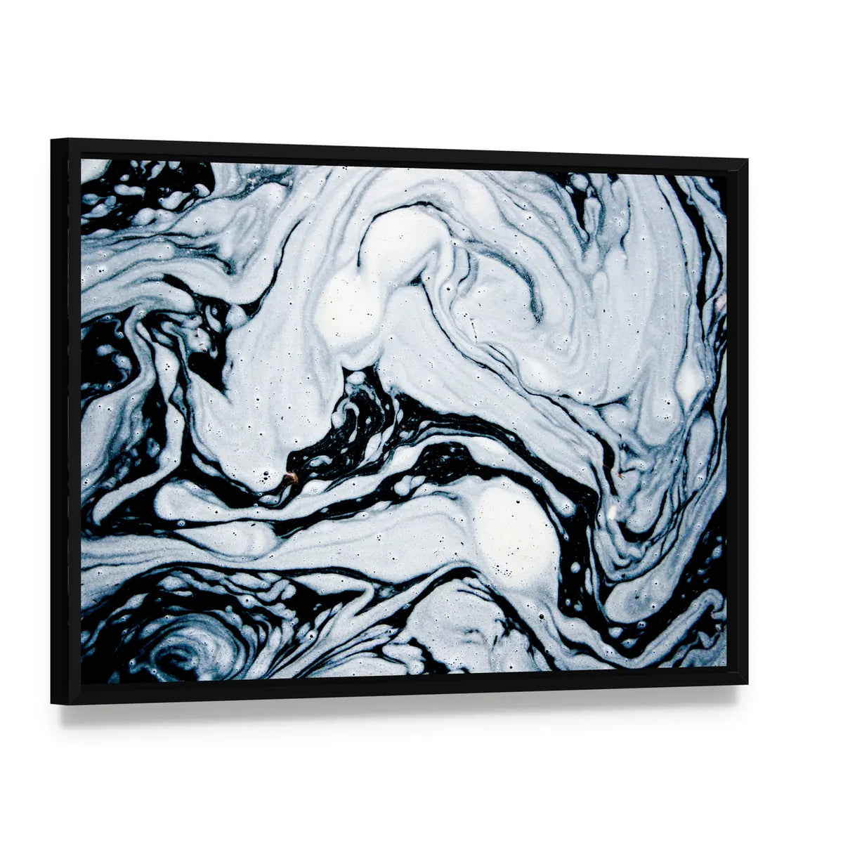 Water Foam Marble Abstract Canvas Wall Art, framed canvas in a black floater frame, angled product view