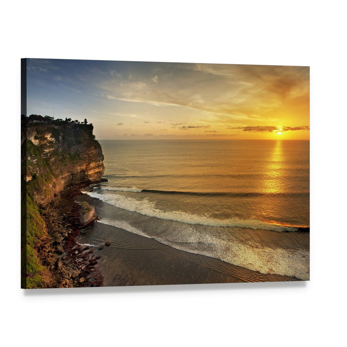 Pura Uluwatu Temple at Sunset Canvas Wall Art, single panel gallery wrapped canvas, angled product view