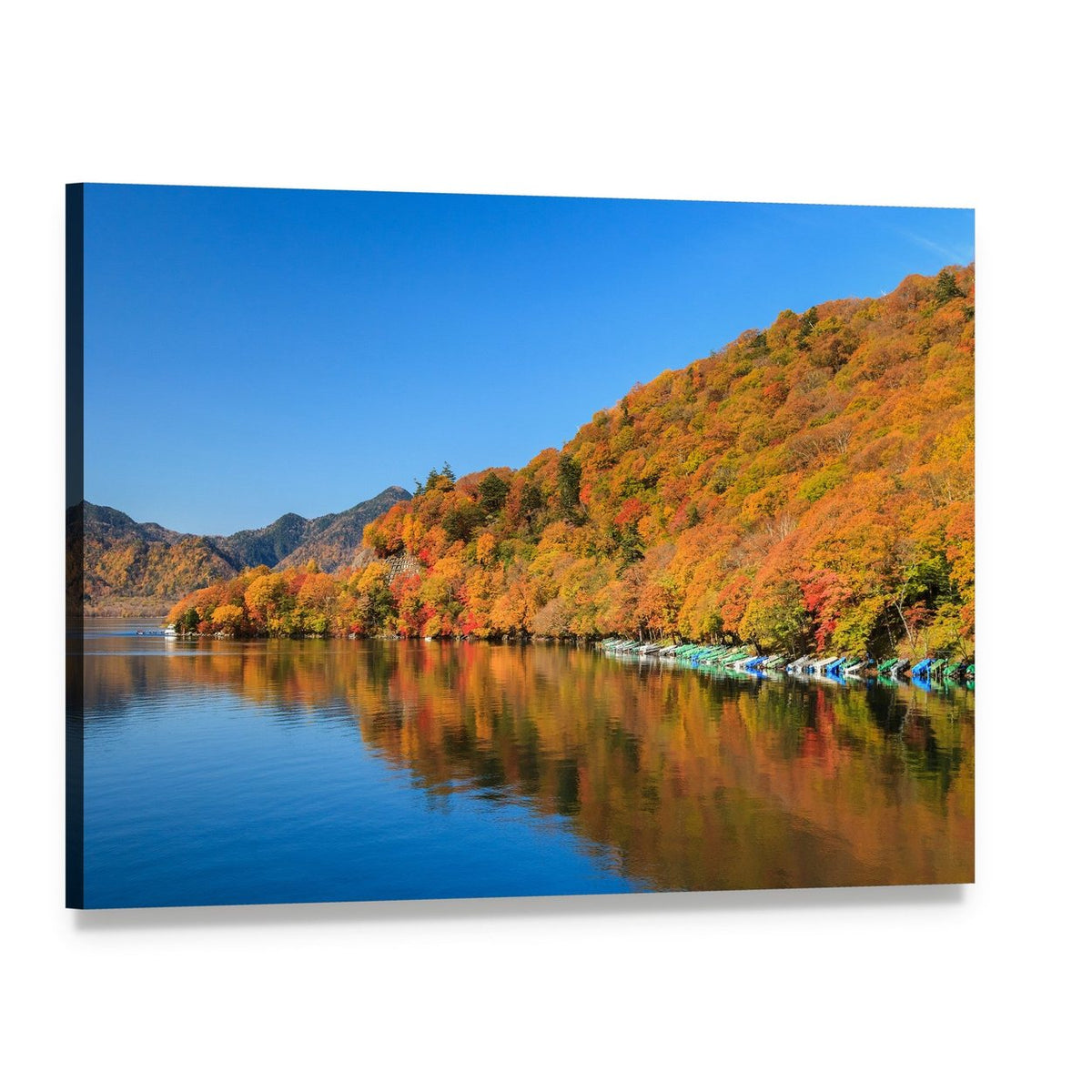 Autumn Lake View with Mountains and Boats Canvas Wall Art, single panel gallery wrapped canvas, angled product view