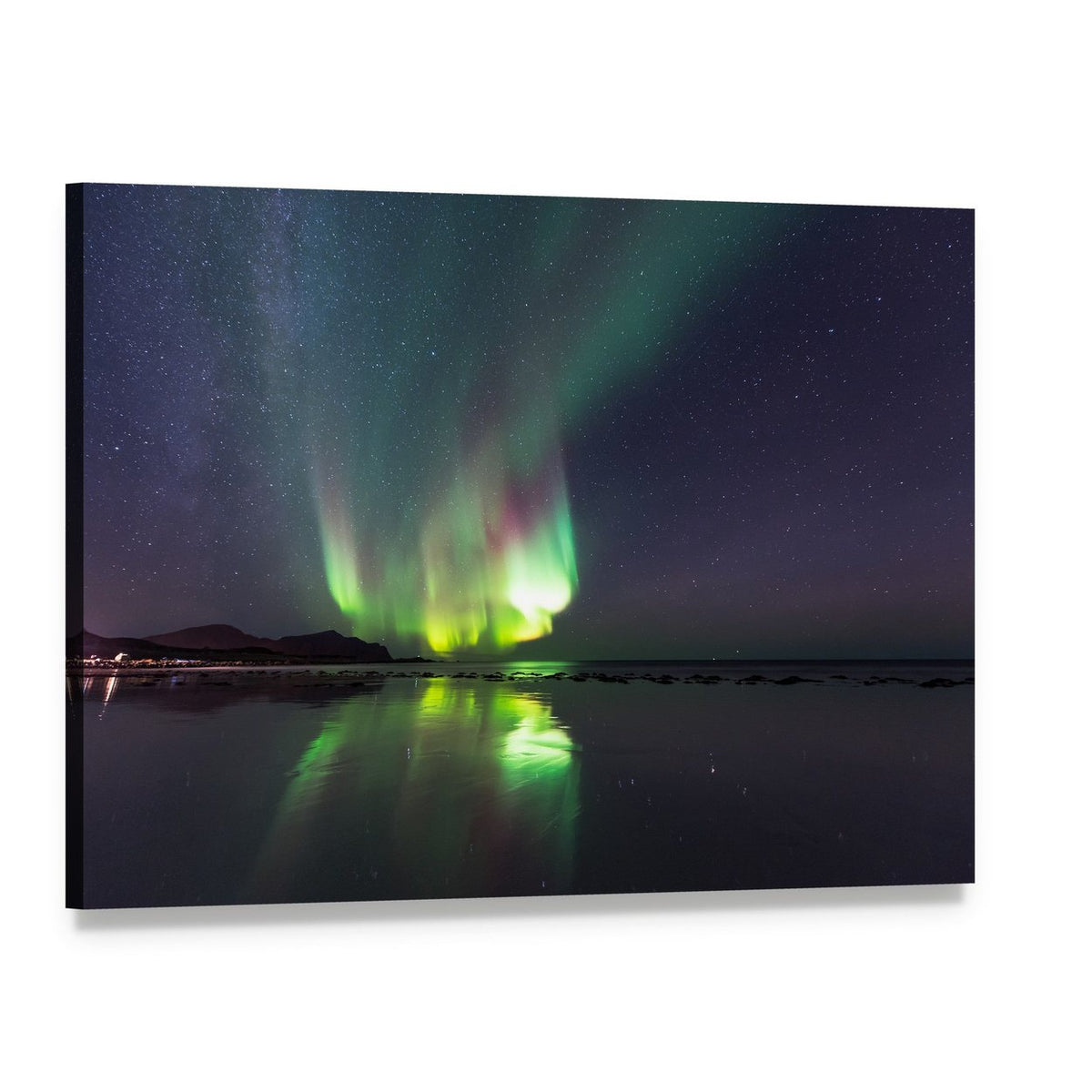 Northern Lights Over Beach Canvas Wall Art, single panel gallery wrapped canvas, angled product view