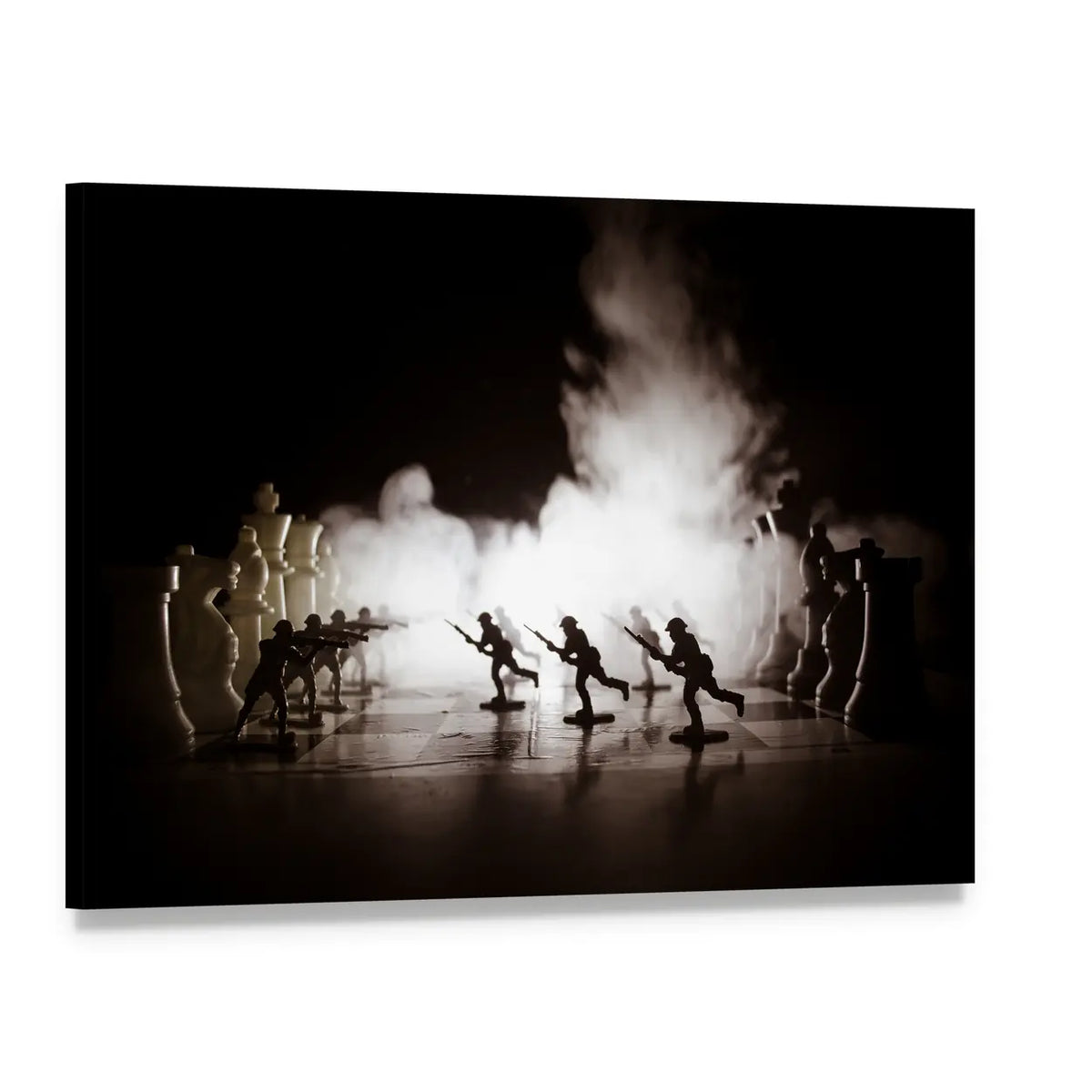 Silhouetted Toy Soldiers on Chessboard Canvas Wall Art, single panel gallery wrapped canvas, angled product view