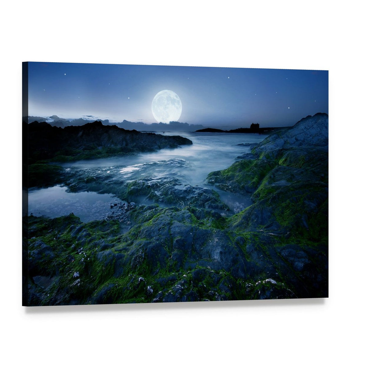 Moonlit Coast with Castle Silhouette Canvas Wall Art, single panel gallery wrapped canvas, angled product view