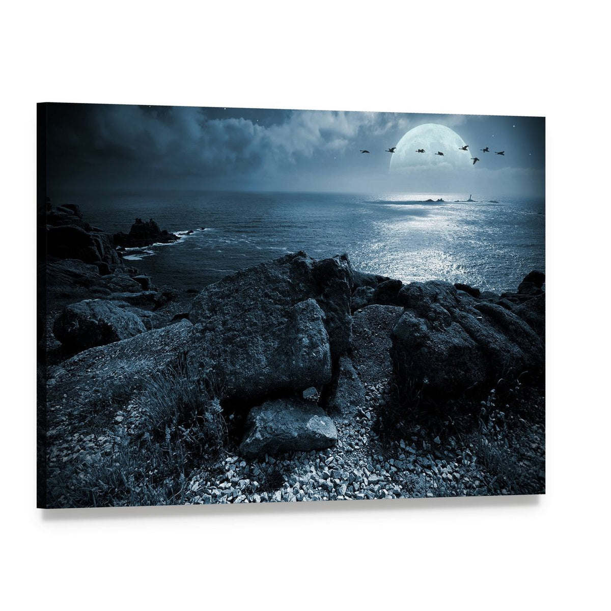 Moonlit Coast with Birds in Flight Canvas Wall Art, single panel gallery wrapped canvas, angled product view