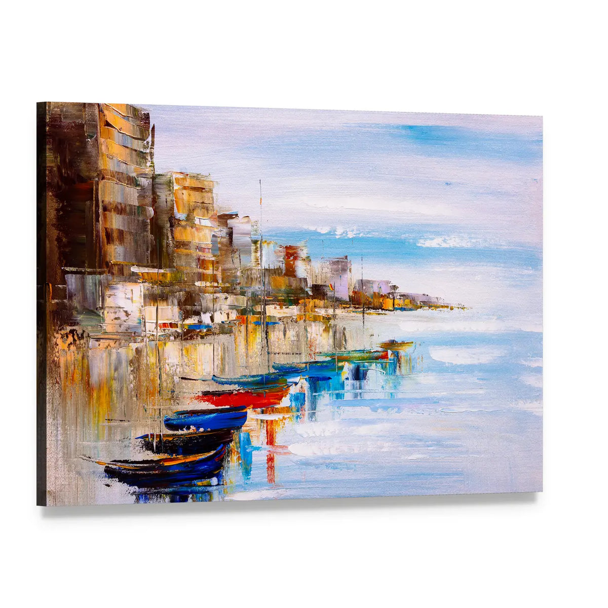 Abstract Harbor with Fishing Boats Canvas Wall Art, single panel gallery wrapped canvas, angled product view