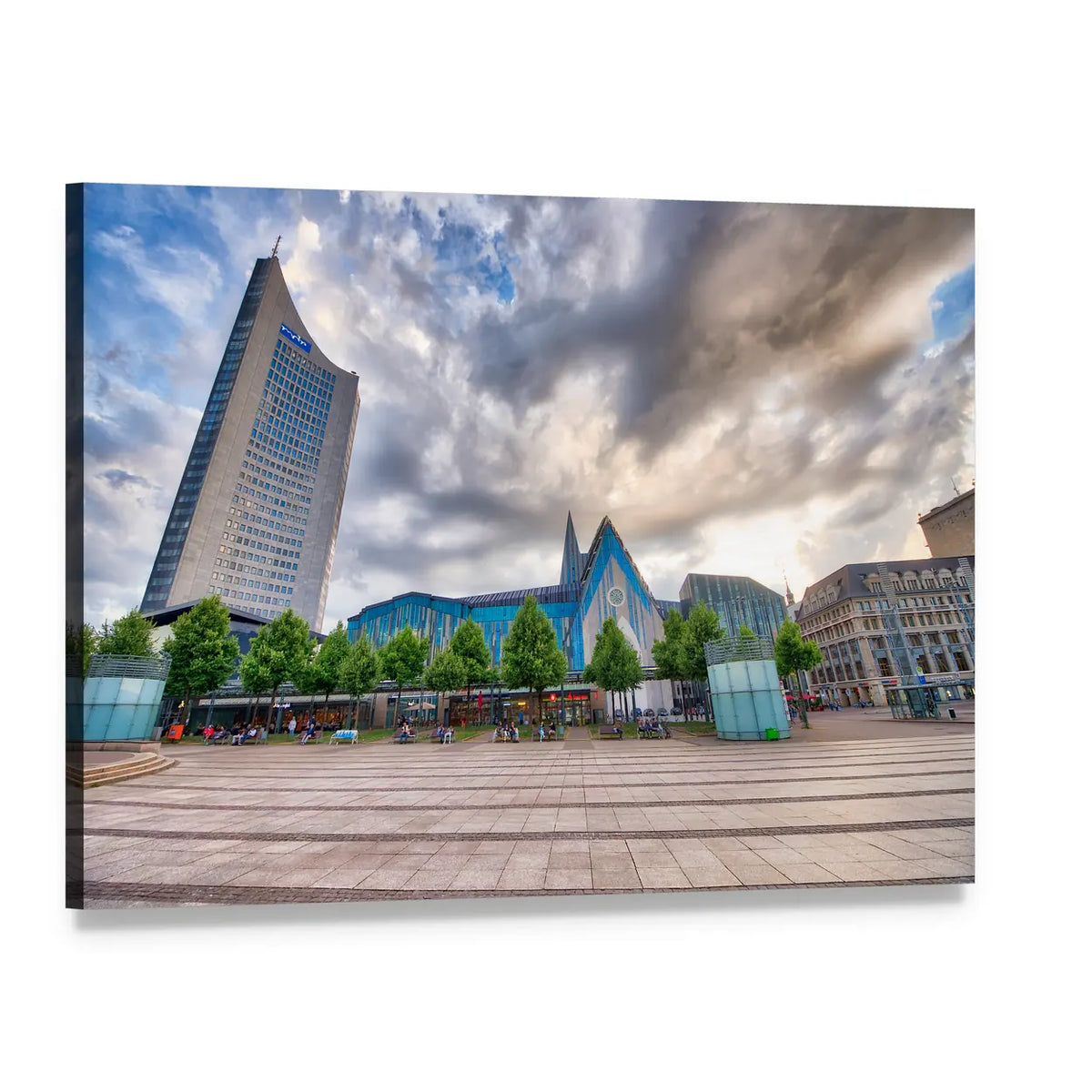Tourists in Modern City Square with Blue Dome Canvas Wall Art, single panel gallery wrapped canvas, angled product view