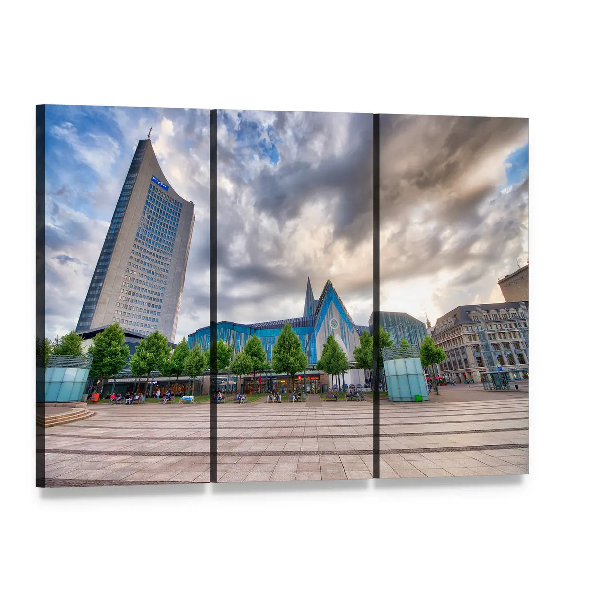 Tourists in Modern City Square with Blue Dome Canvas Wall Art, 3 panel 3 Horizontal layout gallery wrapped canvas set, angled product view
