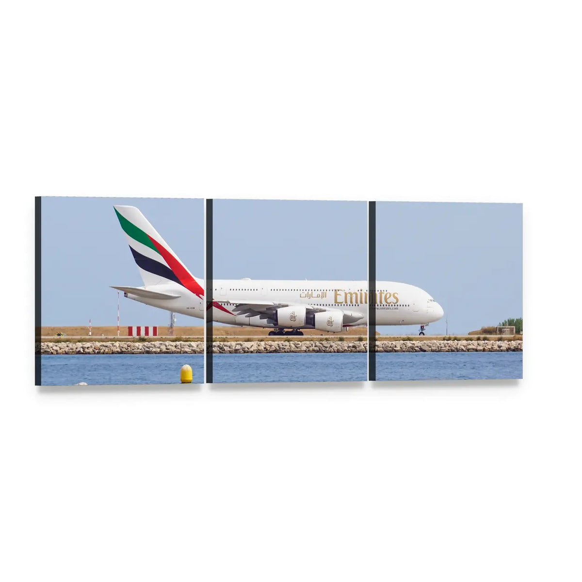 Emirates Passenger Plane Panoramic Canvas Wall Art, 3 panel 3 Piece layout gallery wrapped canvas set, angled product view