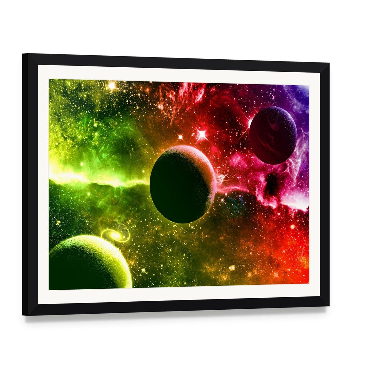 Universe Galaxy Nebula Stars and Planets Canvas Wall Art, framed print with white mat and black frame, angled product view