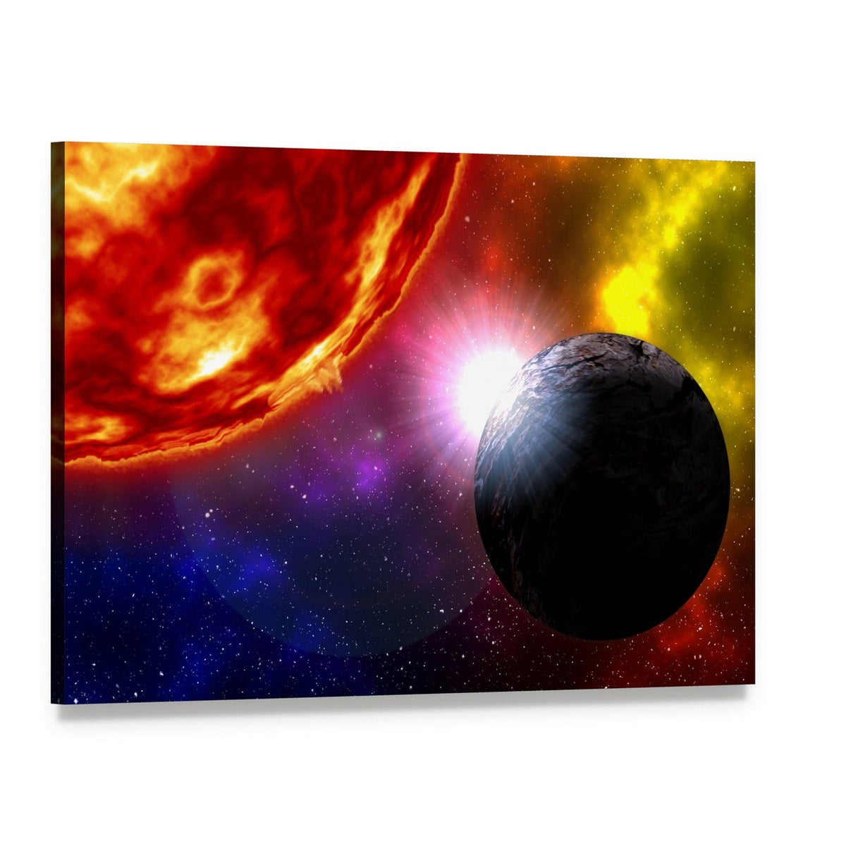Sunrise Over Planet in Deep Space Canvas Wall Art, single panel gallery wrapped canvas, angled product view