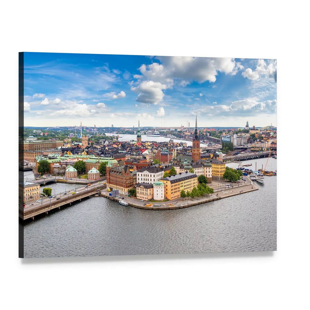 Gamla Stan Cityscape Panorama Canvas Wall Art, single panel gallery wrapped canvas, angled product view