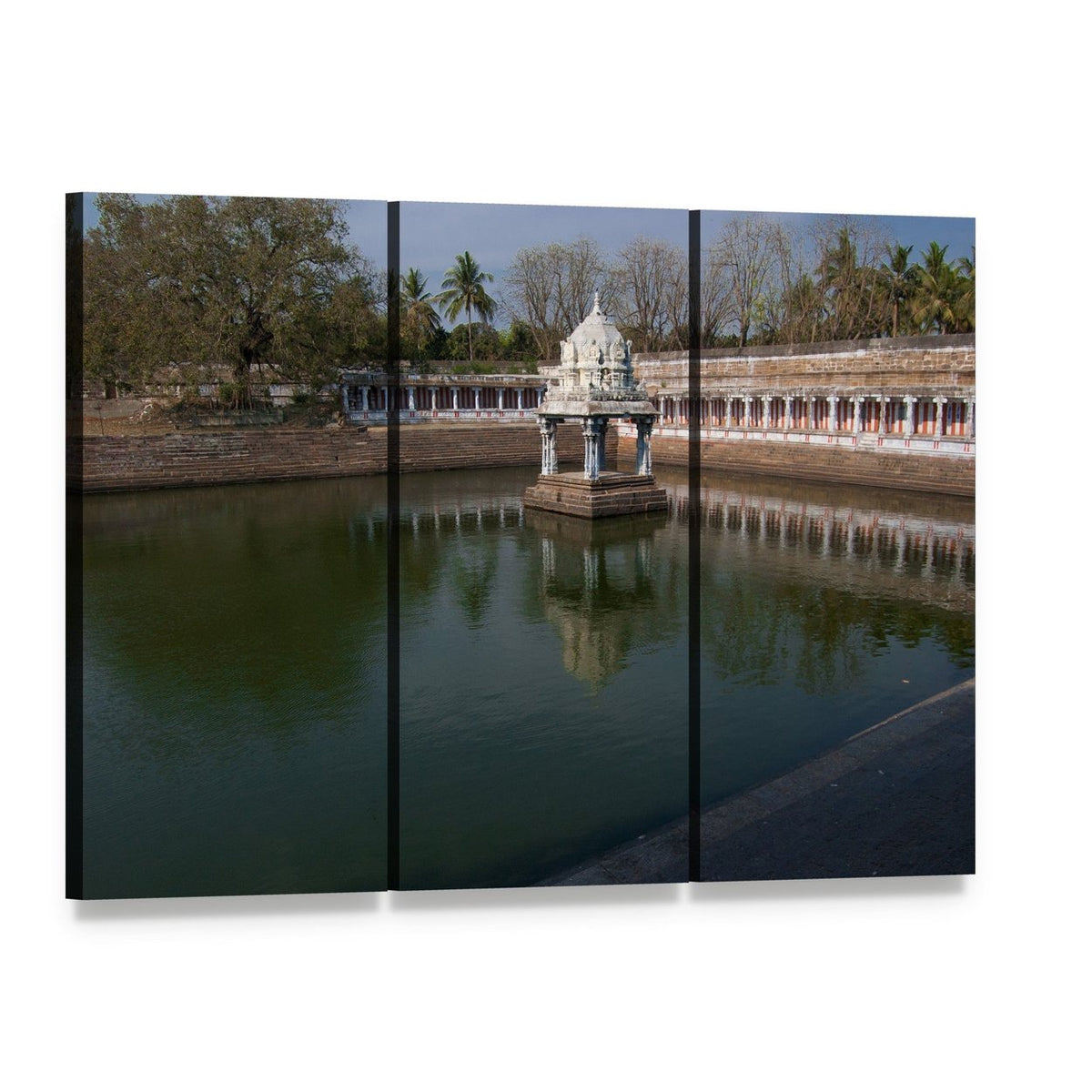 Ekambareswarar Temple Reflection Canvas Wall Art, 3 panel 3 Horizontal layout gallery wrapped canvas set, angled product view