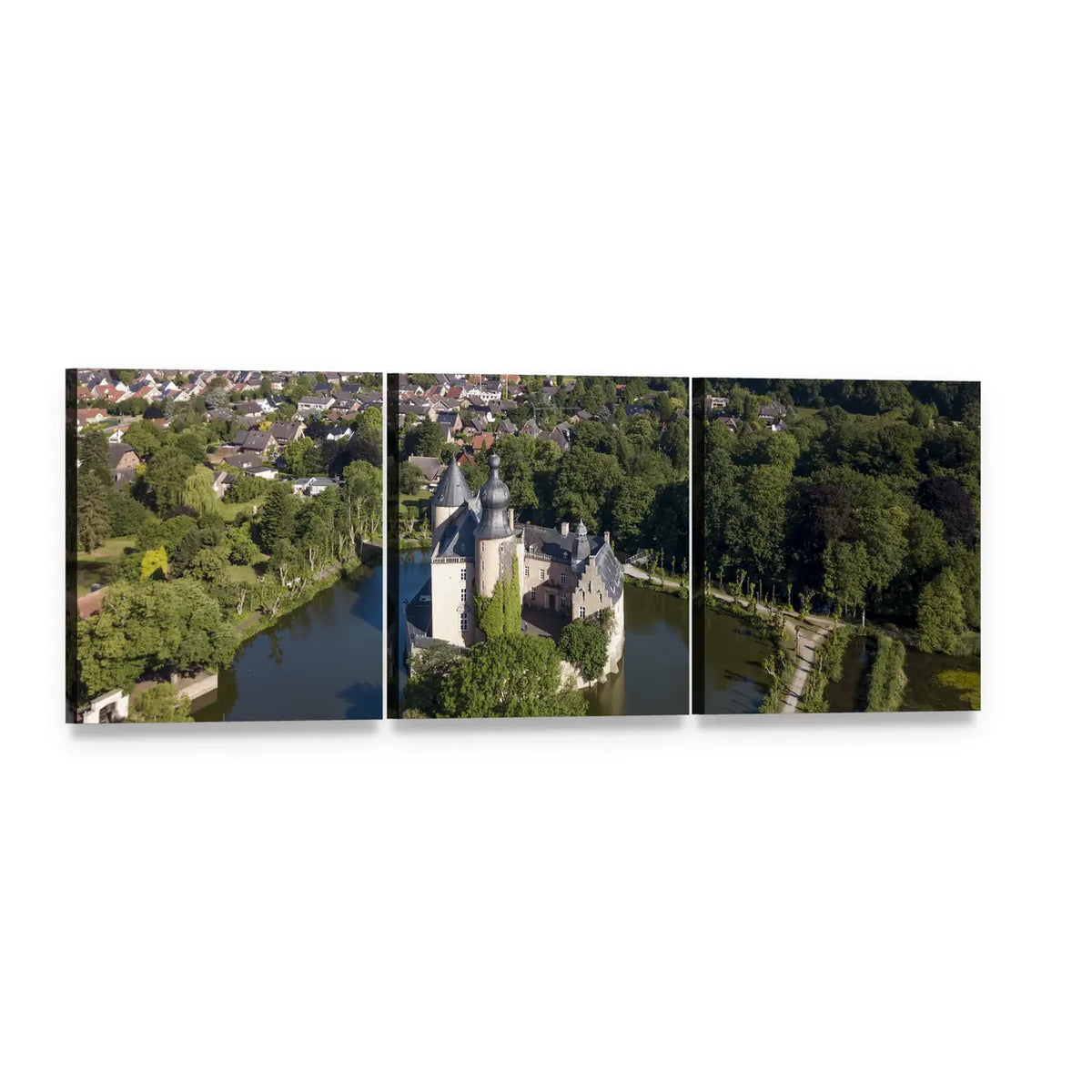 Castle Gemen with Moat Panoramic Canvas Wall Art, 3 panel 3 Piece layout gallery wrapped canvas set, angled product view