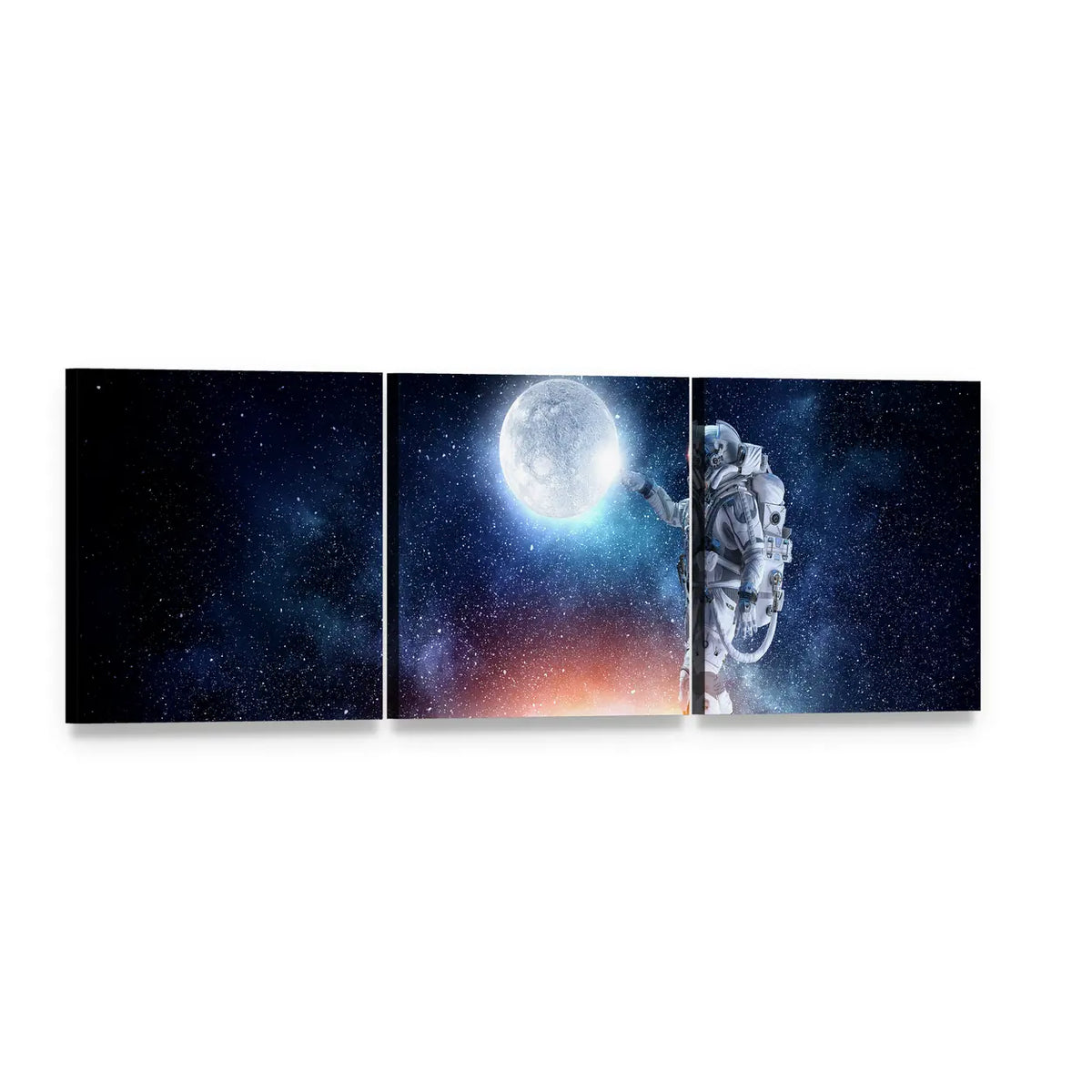 Astronaut Beside Glowing Moon and Nebula Panoramic Canvas Wall Art, 3 panel 3 Piece layout gallery wrapped canvas set, angled product view