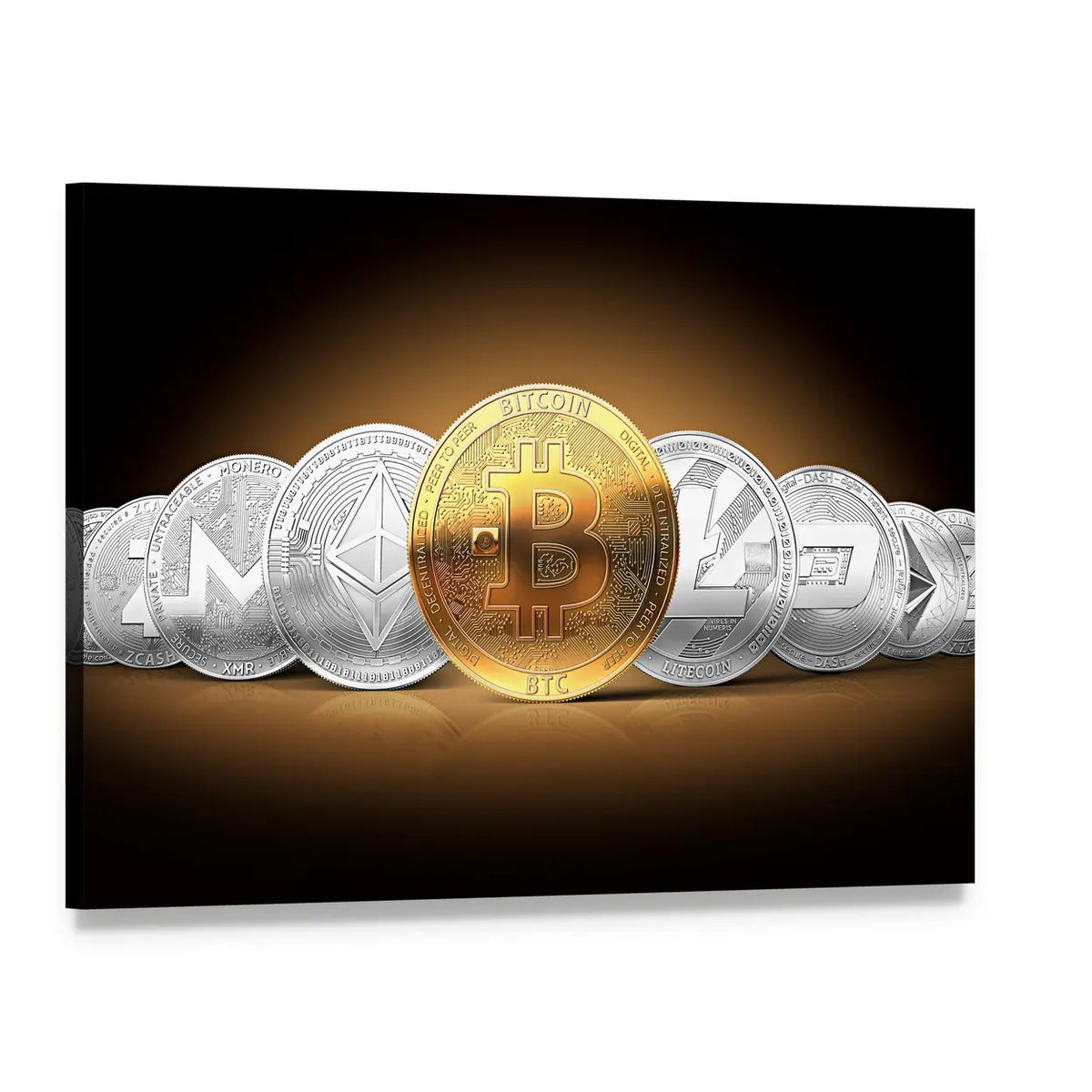Central Gold Bitcoin Among Crypto Coins Canvas Wall Art, single panel gallery wrapped canvas, angled product view