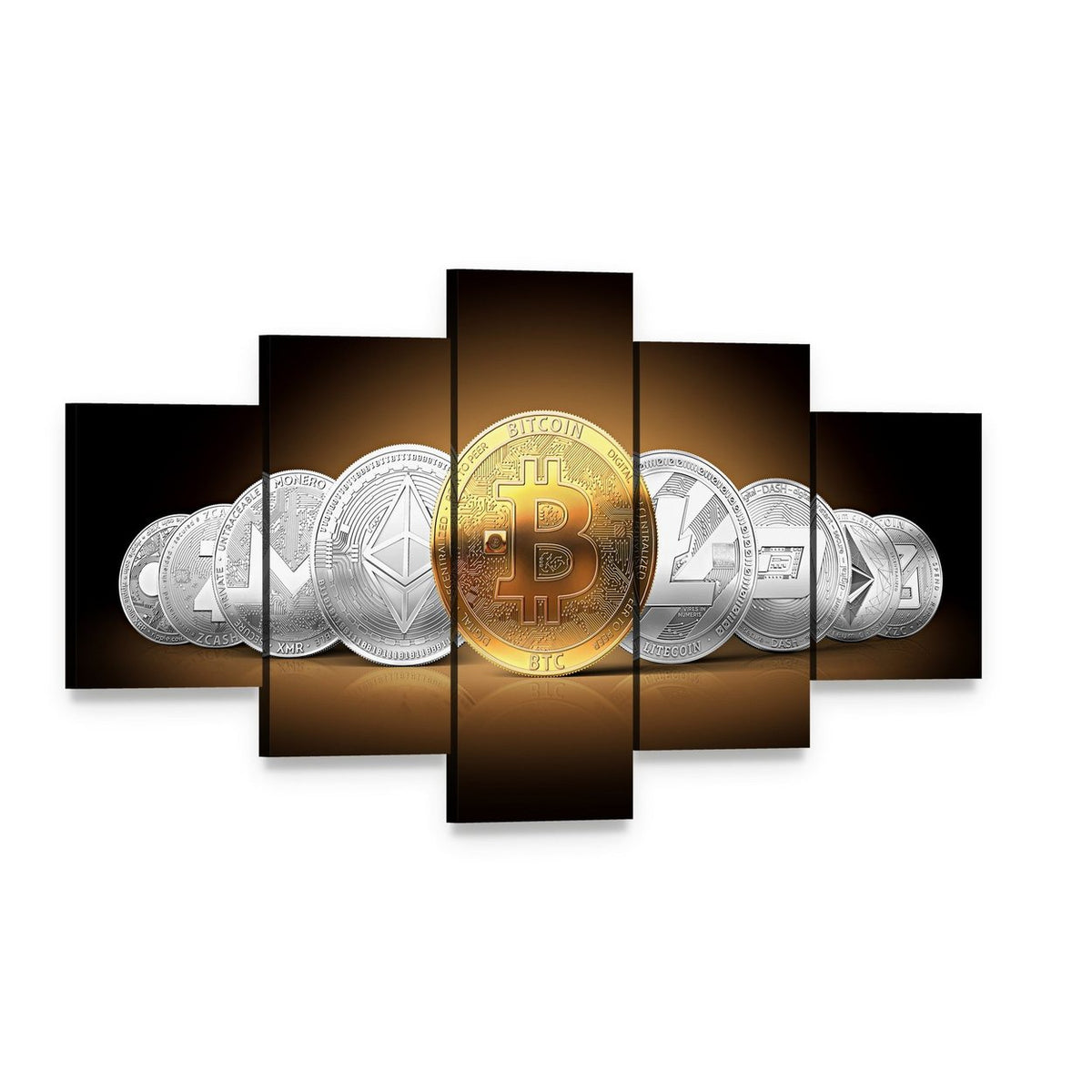 Bitcoin and Altcoin Coins Canvas Wall Art, 5 panel 5 Star layout gallery wrapped canvas set, angled product view