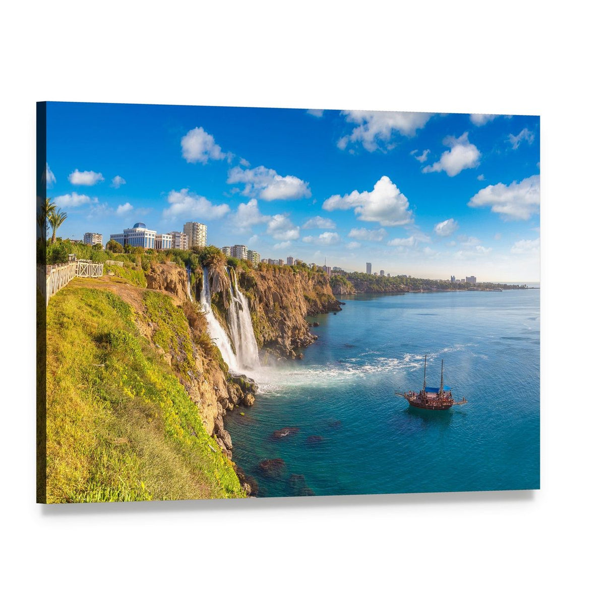 Duden Waterfall with Sailing Boat Canvas Wall Art, single panel gallery wrapped canvas, angled product view