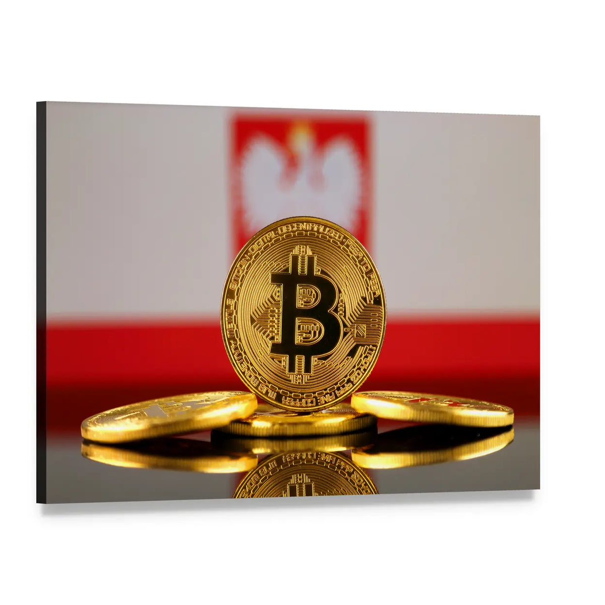 Bitcoin on Poland Flag Canvas Wall Art, single panel gallery wrapped canvas, angled product view